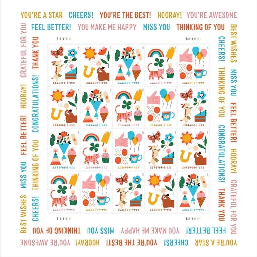 100 New‎ 2023 Thinking Of You USPS Forever Stamps With Bonus Stickers Fun Lucky